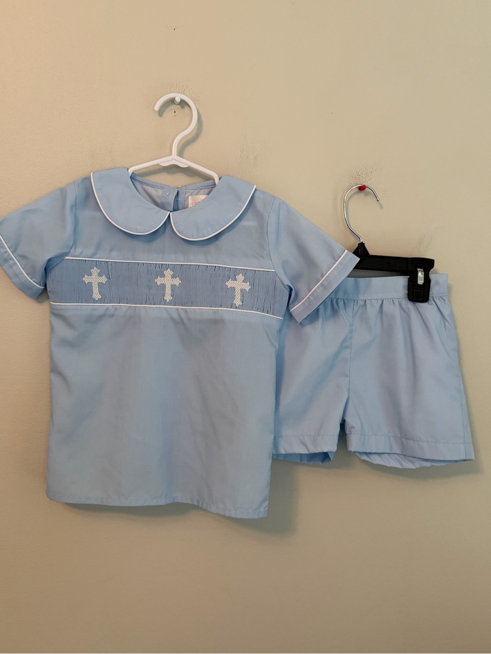 Cecil and Lou Light Blue Boys' Two-Piece Smocked Cross Outfit